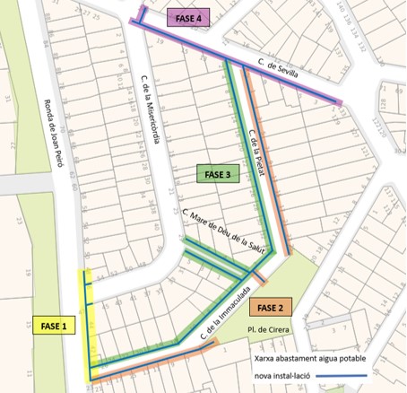 Plànol del carrer de la Immaculada amb fases d'execució de les obres marcades amb diferents colors