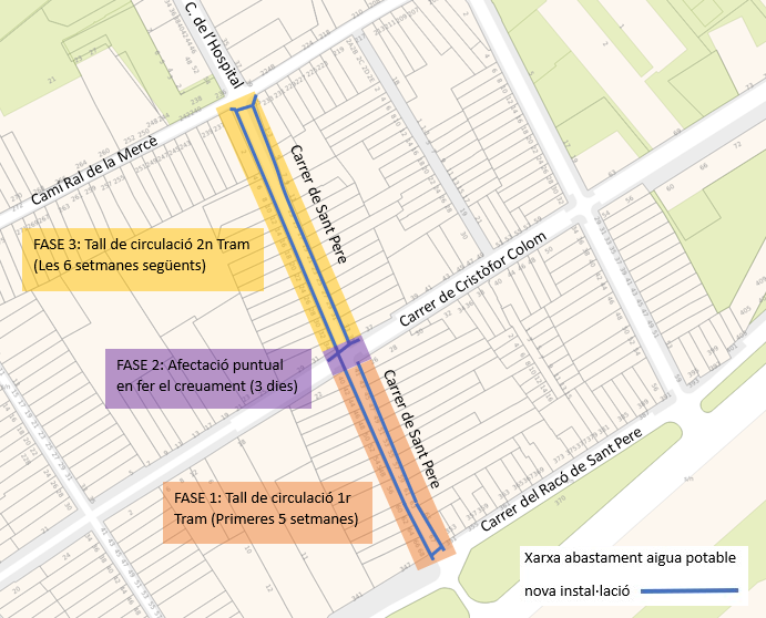 Plànol del carrer de Sant Pere amb zona marcada de les tres fases de les obres