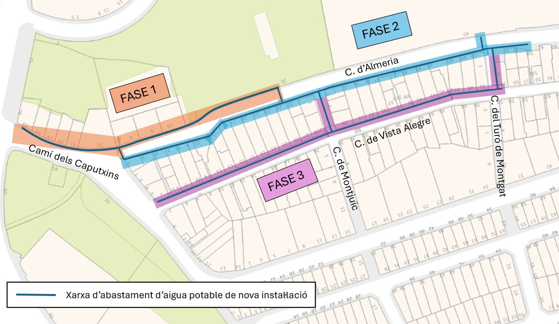 Plànol amb una senyalització de zona d'obres al Camí dels caputxins, carrer d'Almeria i carrer de Vista Alegre