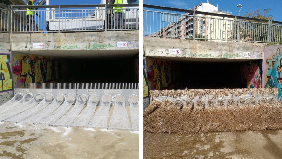Imatges de les malles de rentenció acabades de posar i plenes de residus