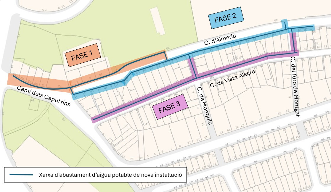 Plànol amb una senyalització de zona d'obres al Camí dels caputxins, carrer d'Almeria i carrer de Vista Alegre