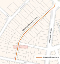 Plànol del carrer de Domenico Savio amb zona marcada per afectació d'obres